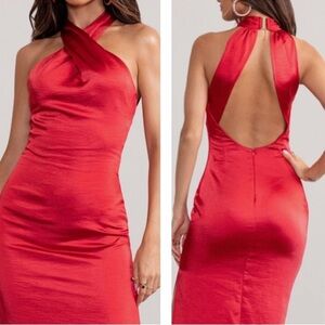 Club London Red Satin Crossfront Halter Neck Open back Maxi Dress